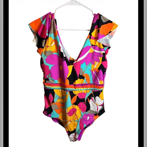 Trina Turk Gemini Plunge Multicolor Ruffle One Piece Swim Suit Size 14 - Picture 4 of 6